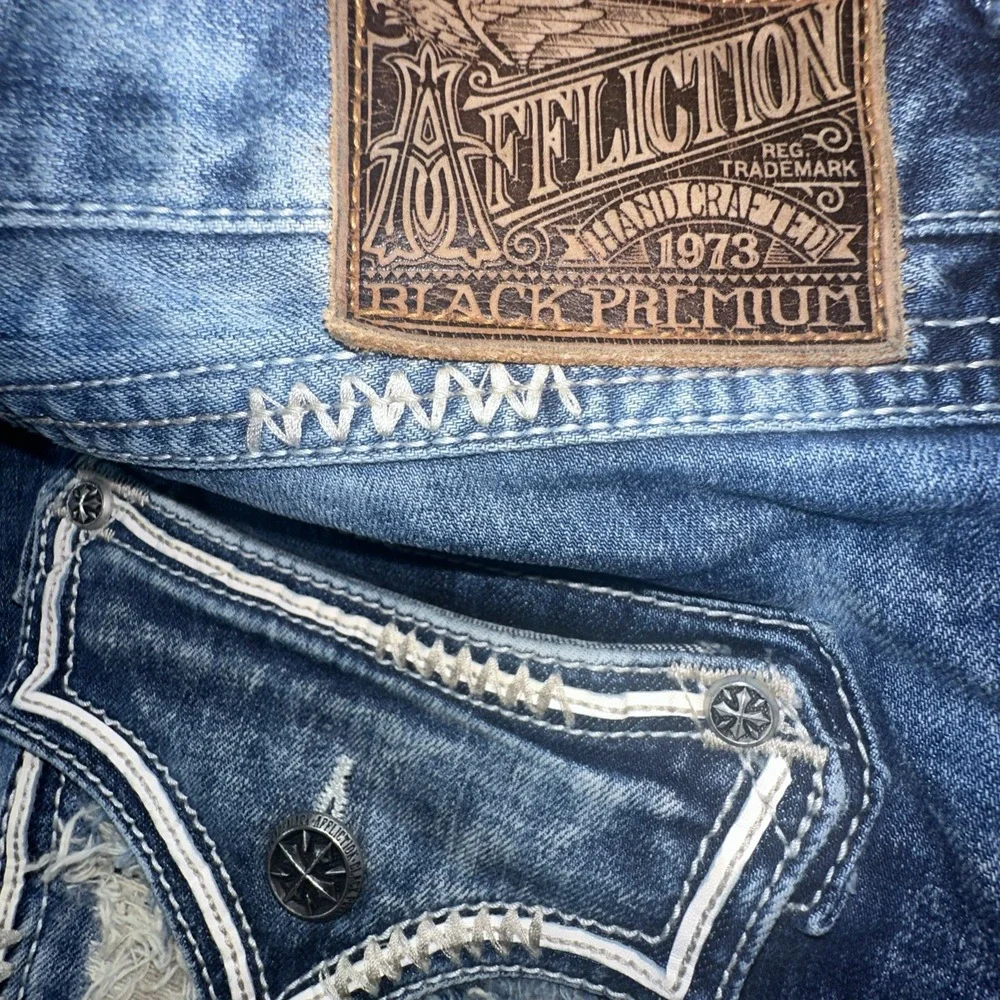 Affliction Grant Men's Jeans 36x32 Blue Distressed Straight Fit Street wear